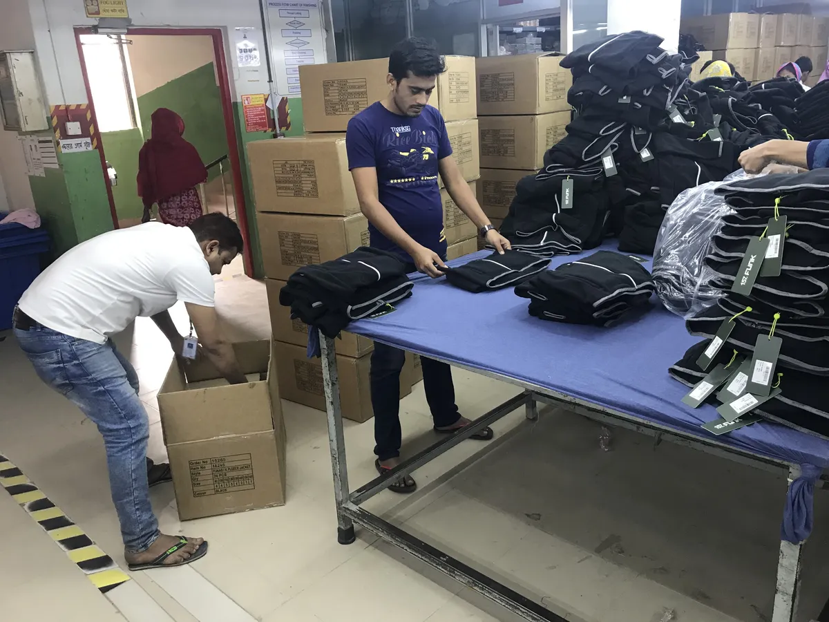 Garment assembly line in operation