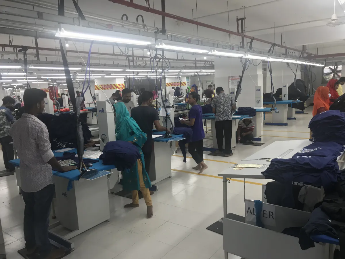 Sewing production floor aisle in full operation