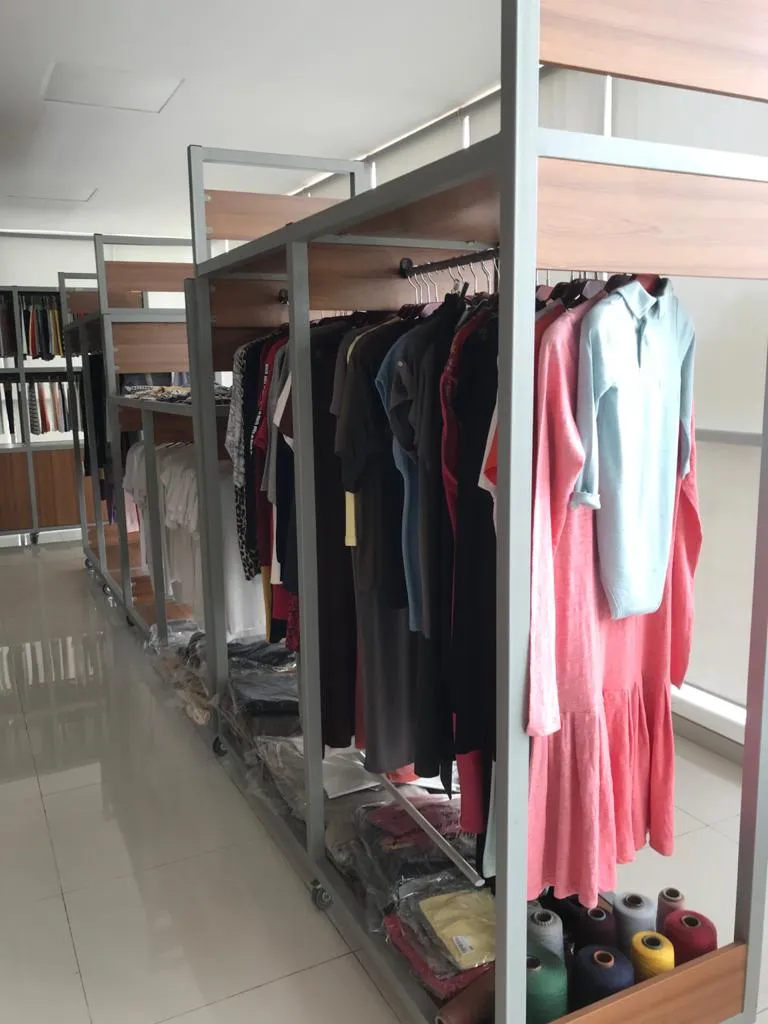 Apparel sample rail in the showroom