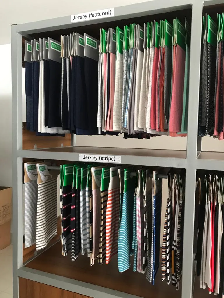 Knitwear sample shelves in our Dhaka showroom